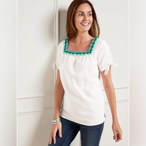 Talbots Tops - 🆕 NWT Talbots Crochet Trim Linen Top Blouse Square Neck Bow Tie Sleeve Medium